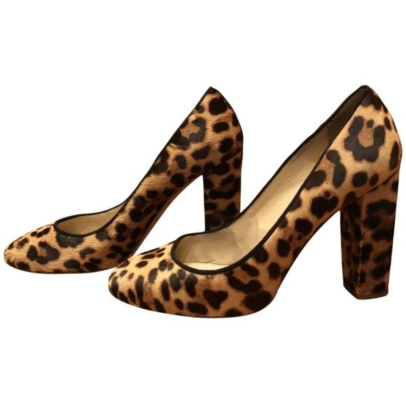 J CREW Etta Pumps Leather Calf Hair Leopard Chunky Heels - Picture 1 of 6